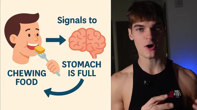 An infographic illustrating how chewing food sends signals to the brain, indicating that the stomach is full.