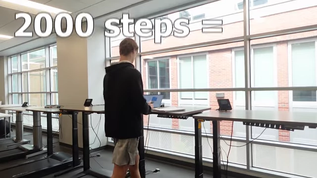 A person walking on a treadmill desk with text overlay "2000 steps =", indicating calorie burn through walking.