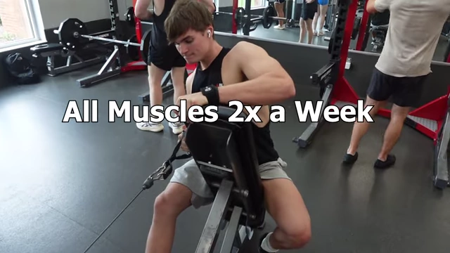 Text overlay "All Muscles 2x a Week" over a video of the creator working out.