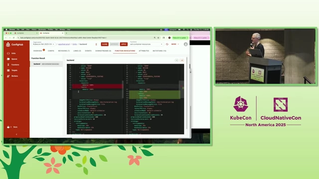 ConfigHub interface showing a programmatic change to increase container memory resources.