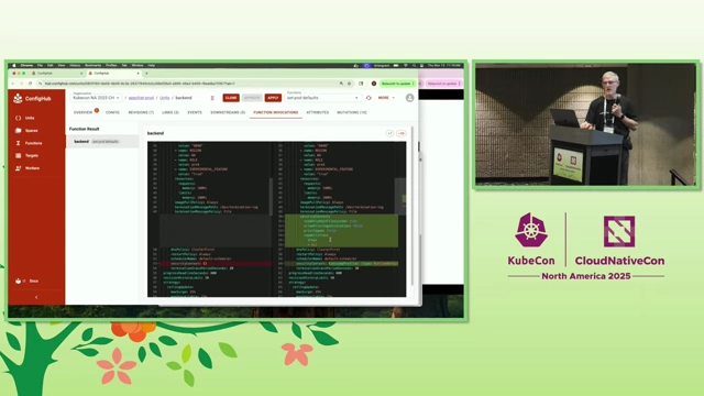 ConfigHub interface showing a programmatic change to security context values.