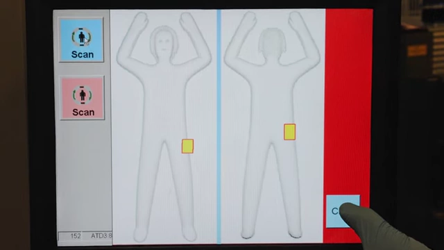 Millimeter wave body scanner display showing a doll-like image with flagged areas