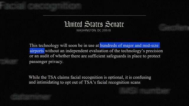 Excerpt from a United States Senate letter highlighting the expansion of facial recognition to hundreds of airports and the difficulty travelers face in opting out