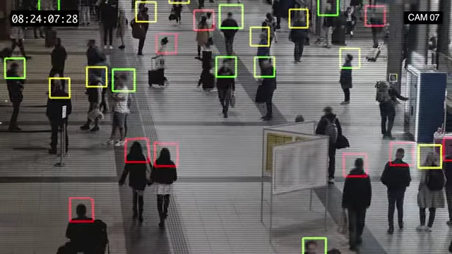 Surveillance footage with AI analytics identifying individuals and tracking movements