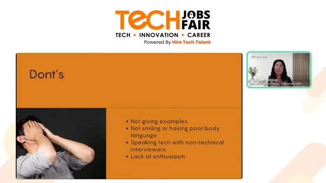 A slide titled "Don'ts" listing common mistakes to avoid in interviews, such as not giving examples, poor body language, speaking technical jargon to non-technical interviewers, and lack of enthusiasm.