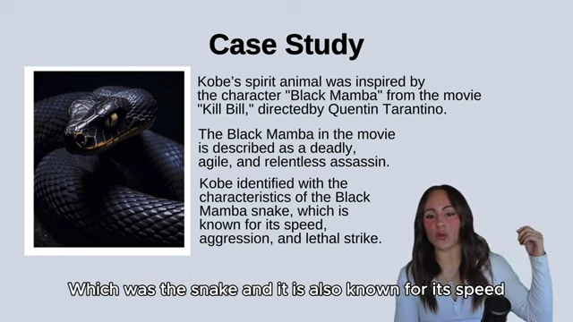 A case study slide illustrating Kobe Bryant's spirit animal, the Black Mamba, inspired by "Kill Bill" for its deadly, agile, relentless, speedy, aggressive, and lethal strike characteristics.