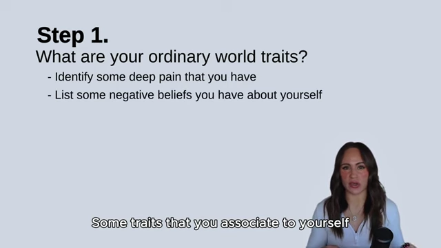 A slide outlining Step 1: Identify your ordinary world traits by listing deep pains and negative beliefs about yourself.