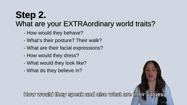 A slide outlining Step 2: Identify your extraordinary world traits by considering specific behaviors, posture, facial expressions, dress, physical appearance, beliefs, and values of your ideal self.