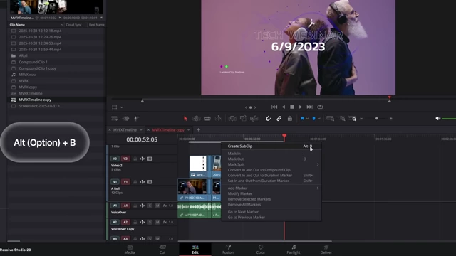 Context menu in DaVinci Resolve showing the option to "Create SubClip" with the Alt (Option) + B shortcut.