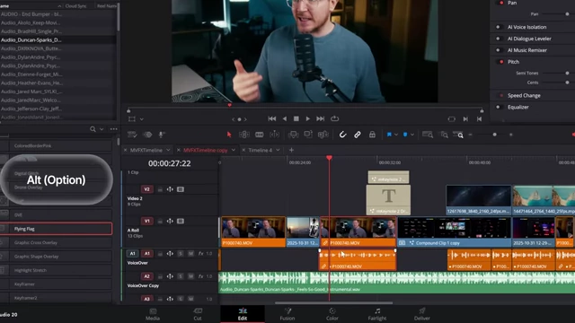 DaVinci Resolve timeline highlighting the video track independently while the Alt (Option) key is pressed for separate selection.