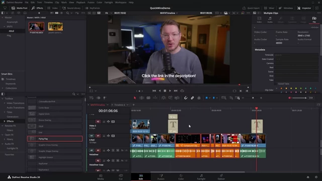A DaVinci Resolve timeline showing clips highlighted with different colors, demonstrating visual organization.