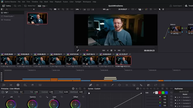 On the DaVinci Resolve Color page, a grabbed still containing color grading information is shown in the gallery.