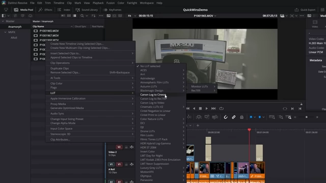 The DaVinci Resolve Media Pool context menu showing the LUT option with various LUTs available for application to selected clips.