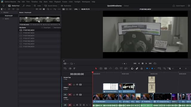 The DaVinci Resolve Media Pool displaying clips in Filmstrip view for a compact horizontal preview.