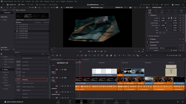 The DaVinci Resolve timeline showing a clip replaced by another from the Media Pool, retaining its original effects and color grade.