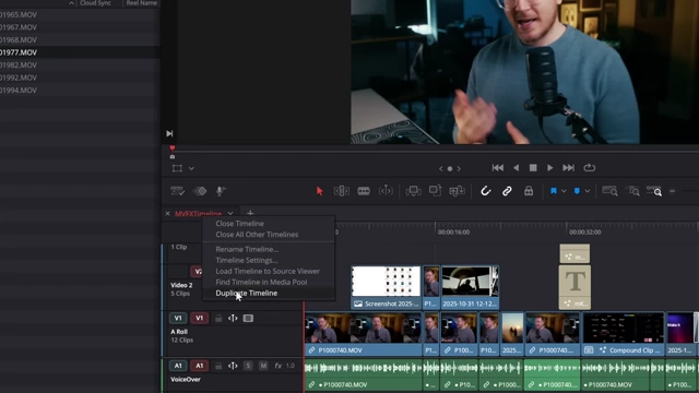 Right-click menu on a DaVinci Resolve timeline tab, showing options like "Duplicate Timeline" and other management features.