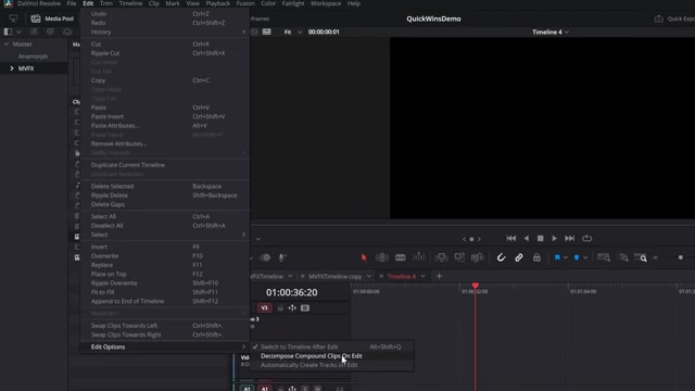 DaVinci Resolve's Edit menu showing "Edit Options" and the "Decompose Compound Clips On Edit" setting.