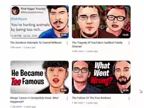 A screenshot of a YouTube recommendations page filled with "drama" videos featuring bold text and downward graphs in their thumbnails.