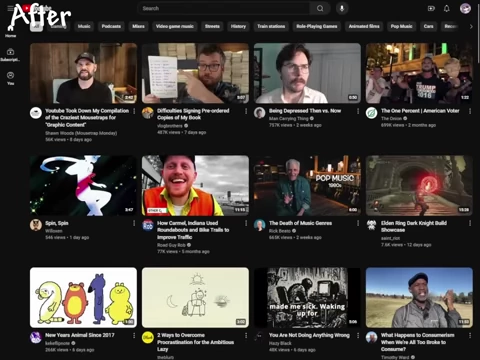 A "Before" and "After" comparison of YouTube's homepage, demonstrating how the "DeArrow" extension changes clickbait titles and thumbnails to more descriptive and honest ones.