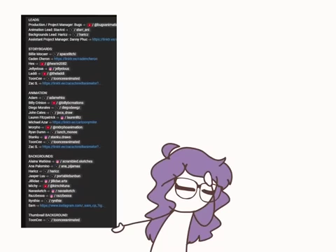 A screenshot showing an extensive list of credits for a modern animated video, including multiple storyboarders, animators, and background artists, demonstrating the team-based production model.