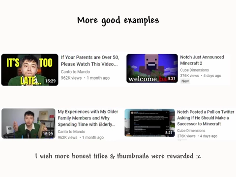 A visual showing "More good examples" of "DeArrow" transformed titles, emphasizing a wish for more honest titles and thumbnails to be rewarded.