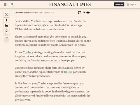 A Financial Times article headline: "YouTube's concern Shorts are 'cannibalising core business'".