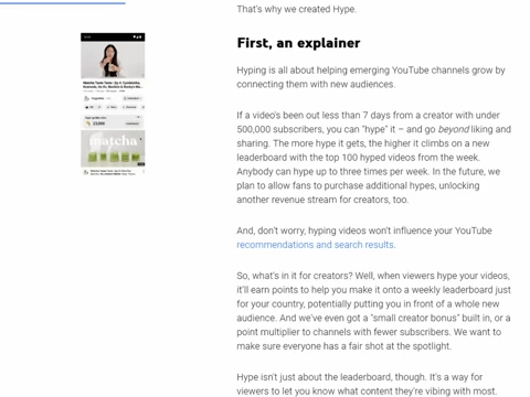 An explainer for YouTube Hype, detailing how it helps emerging channels, allowing users to "hype" videos and purchase more hypes for additional revenue.