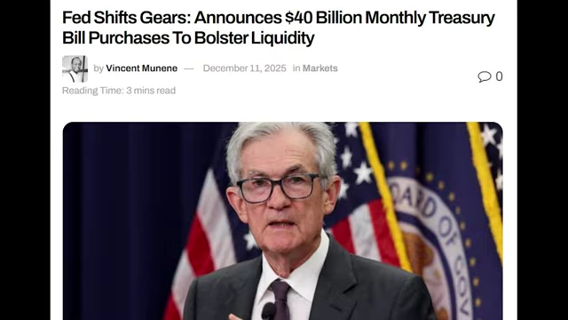 A news headline featuring Jerome Powell, announcing the Fed's $40 billion monthly Treasury Bill purchases to bolster liquidity.