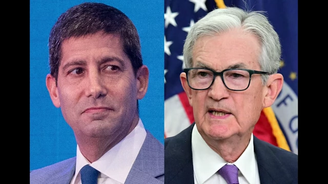 Kevin Warsh and Jerome Powell pictured side-by-side, representing the contrasting monetary policy approaches of the two potential Federal Reserve Chairs.