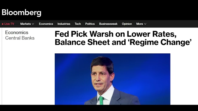 A Bloomberg news headline detailing Fed pick Warsh's views on lower rates, the balance sheet, and a 'regime change'.