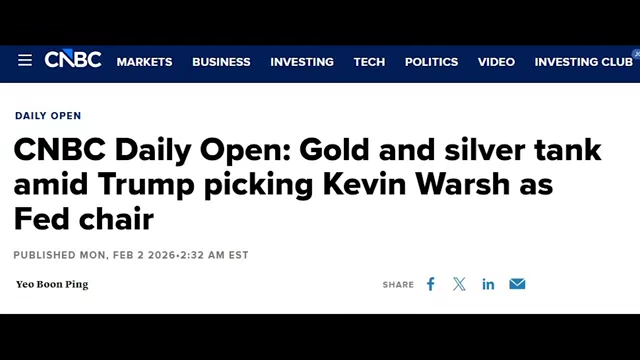 A CNBC headline announcing that gold and silver tanked amid news of Trump picking Kevin Warsh as Fed chair.