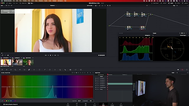 DaVinci Resolve UI showing the Hue vs Sat curve interface with yellow selected for adjustment.