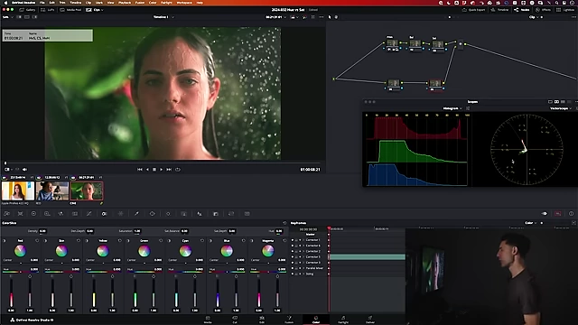 DaVinci Resolve UI showing the vector scope highlighting the original green hue, indicating mixed color.