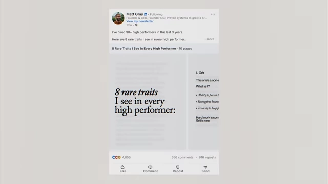 A LinkedIn post titled "8 Rare Traits I See In Every High Performer" as an example of a pillar piece of content