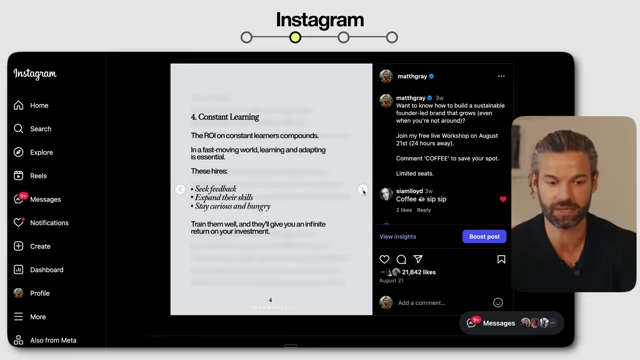 An Instagram carousel slide showcasing "Constant Learning" as a high performer trait, with a call to action to comment "COFFEE" for a workshop registration