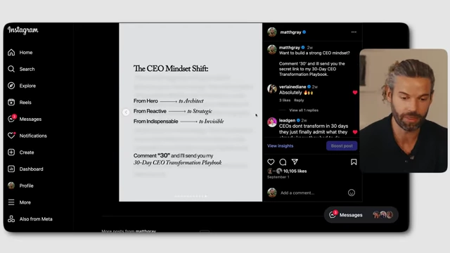 An Instagram carousel slide detailing "The CEO Mindset Shift" and ending with a call to action to comment "30" for a 30-Day CEO Transformation Playbook