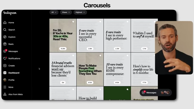 Instagram content insights displaying several high-performing carousels, many starting with numbers or "How To" phrases