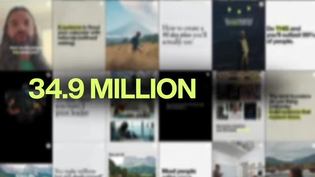 Text overlay displaying "34.9 MILLION VIEWS" across a blurred grid of Instagram posts, emphasizing the reach of the strategy