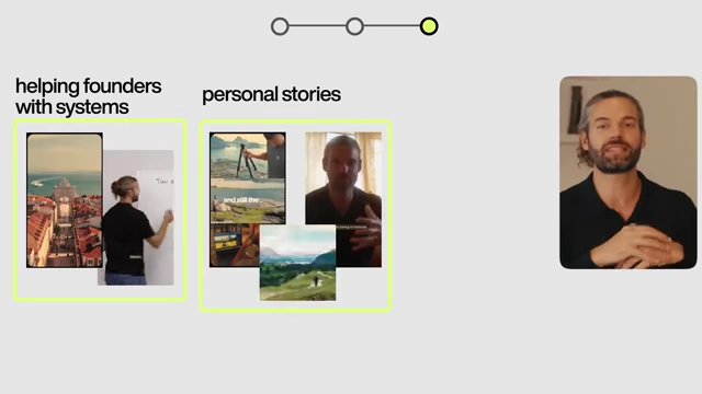 Diagram illustrating three main content buckets: "helping founders with systems," "personal stories," and "organic content strategies"