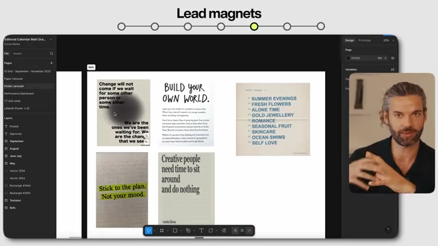 Figma interface showing examples of "Lead magnets" with different paper textures and clean, minimalist text layouts, inspired by Pinterest references