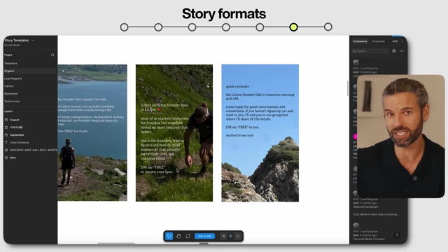 Figma interface displaying "Story formats" for Instagram, showing a series of posts promoting a "Founder's Hike" with calls to action