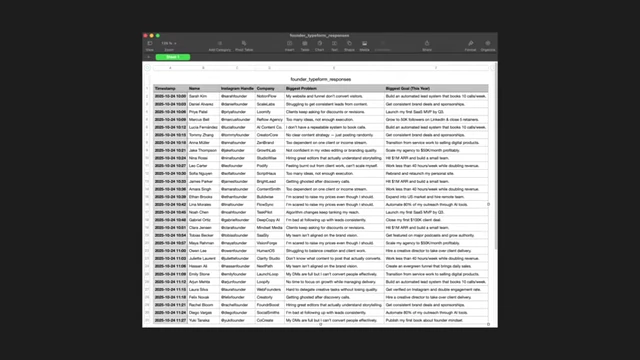A spreadsheet displaying Typeform responses from founders, including their Instagram handles, companies, biggest problems, and biggest goals