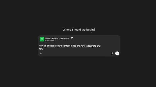 ChatGPT interface showing a prompt to "create 100 content ideas in how-to formats" based on uploaded Typeform survey responses