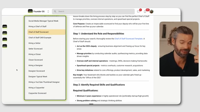 A screenshot of Founder OS classroom page, showcasing a "Chief of Staff Scorecard" template that details role responsibilities, required skills, and qualifications