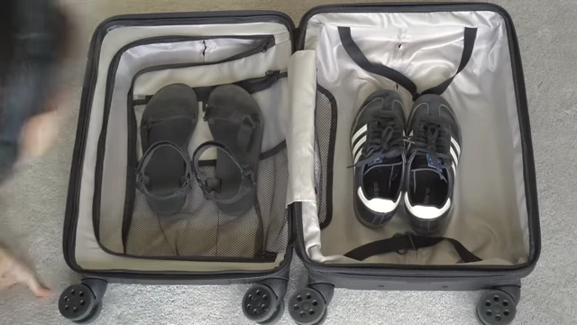 Recommended comfortable shoes: Teva sandals and Adidas Sambas packed in a suitcase