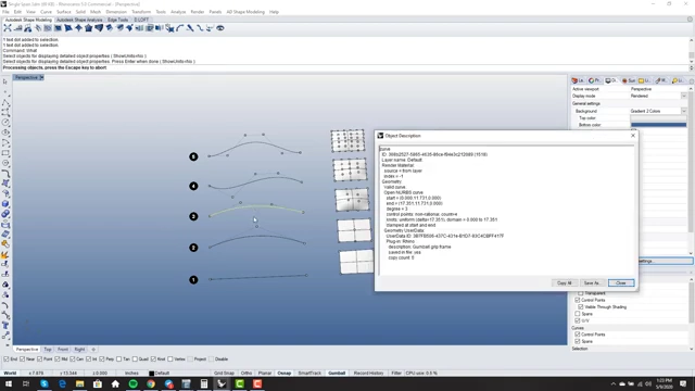 Rhino's 'What' command displaying curve information including degree and control point count