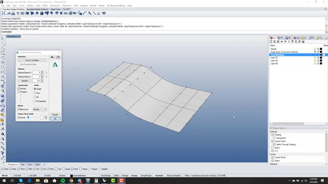 A degree 4 surface with one edge matched for curvature (G2) and the opposite edge for tangency (G1), highlighting the remaining editable control points