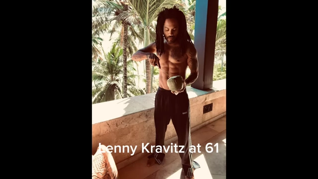 Lenny Kravitz at 61, demonstrating a physique discussed by the vlogger in relation to aging and diet.