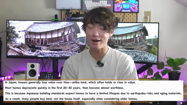 Text explaining how houses in Japan generally depreciate in value over time, unlike land.
