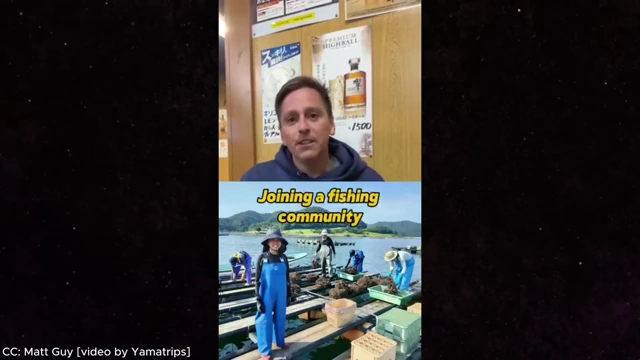 Matt Guy explaining requirements for joining rural communities when acquiring Akiya, with an image of a fishing community.